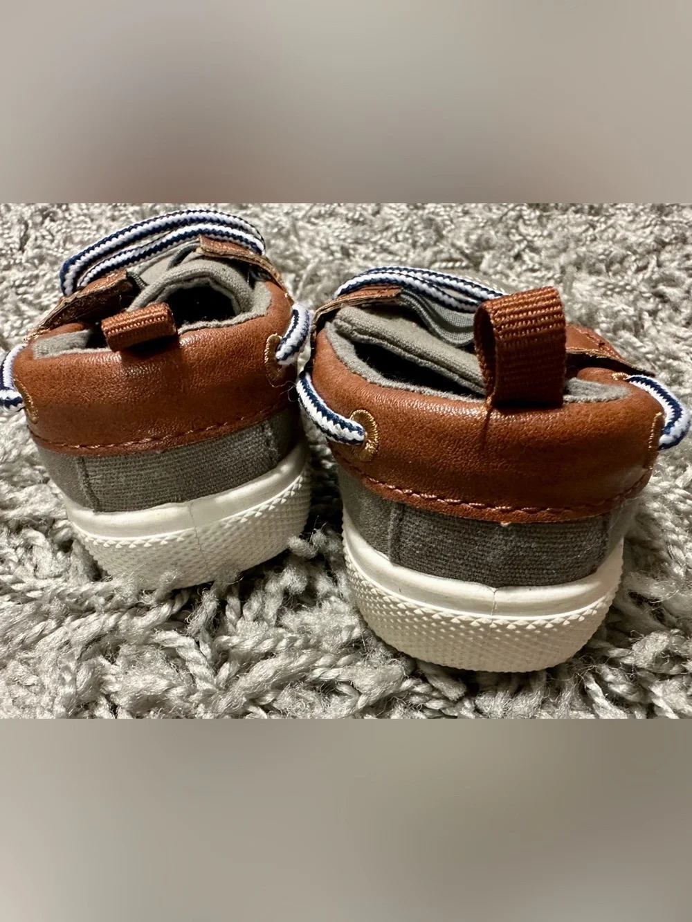 Carter's Olive Canvas Boat Sneakers with Brown Trim and Navy-Striped Laces